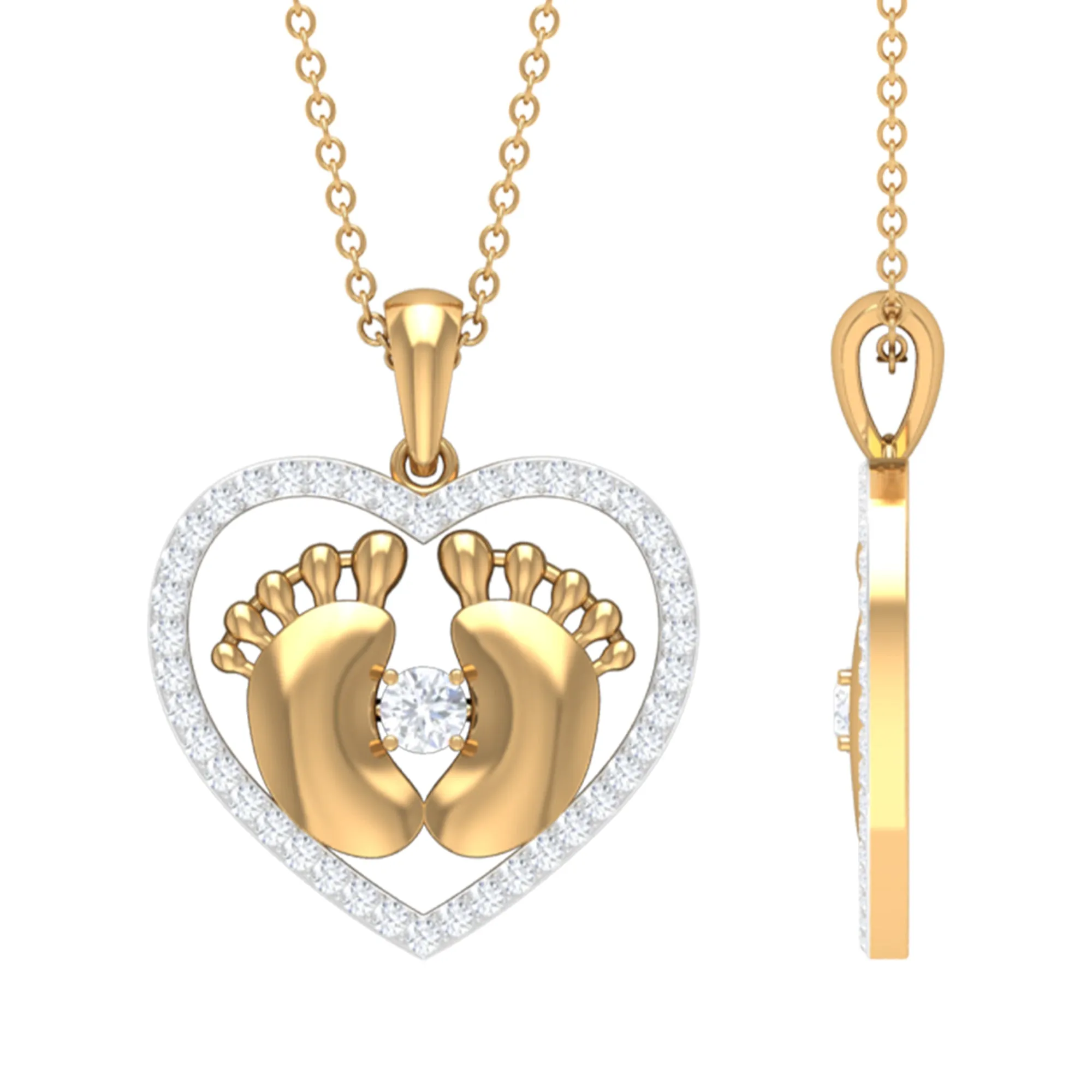Mothers Day Gift Moissanite Heart Pendant with Baby Feet