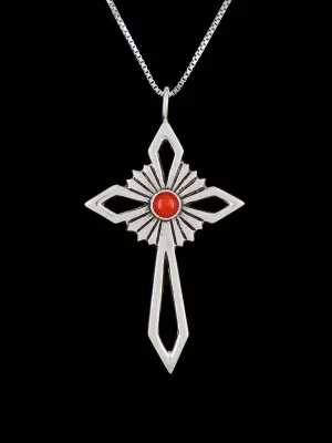 Native American Coral Cross Sterling Silver Pendant