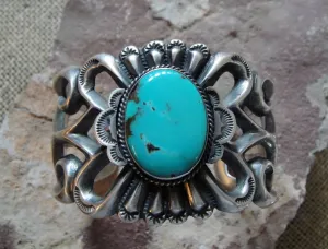 Native American Made Heavy Sand Cast Sterling Silver and Turquoise Bracelet