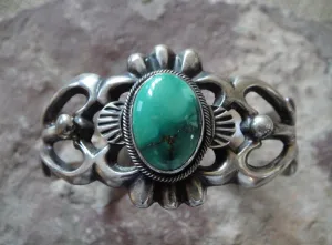 Native American Made Sand Cast Sterling Silver and Turquoise Cuff Bracelet