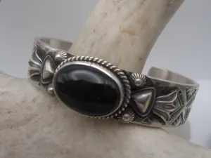 Native American Made Stamped Sterling Silver with Onyx Cuff Bracelet
