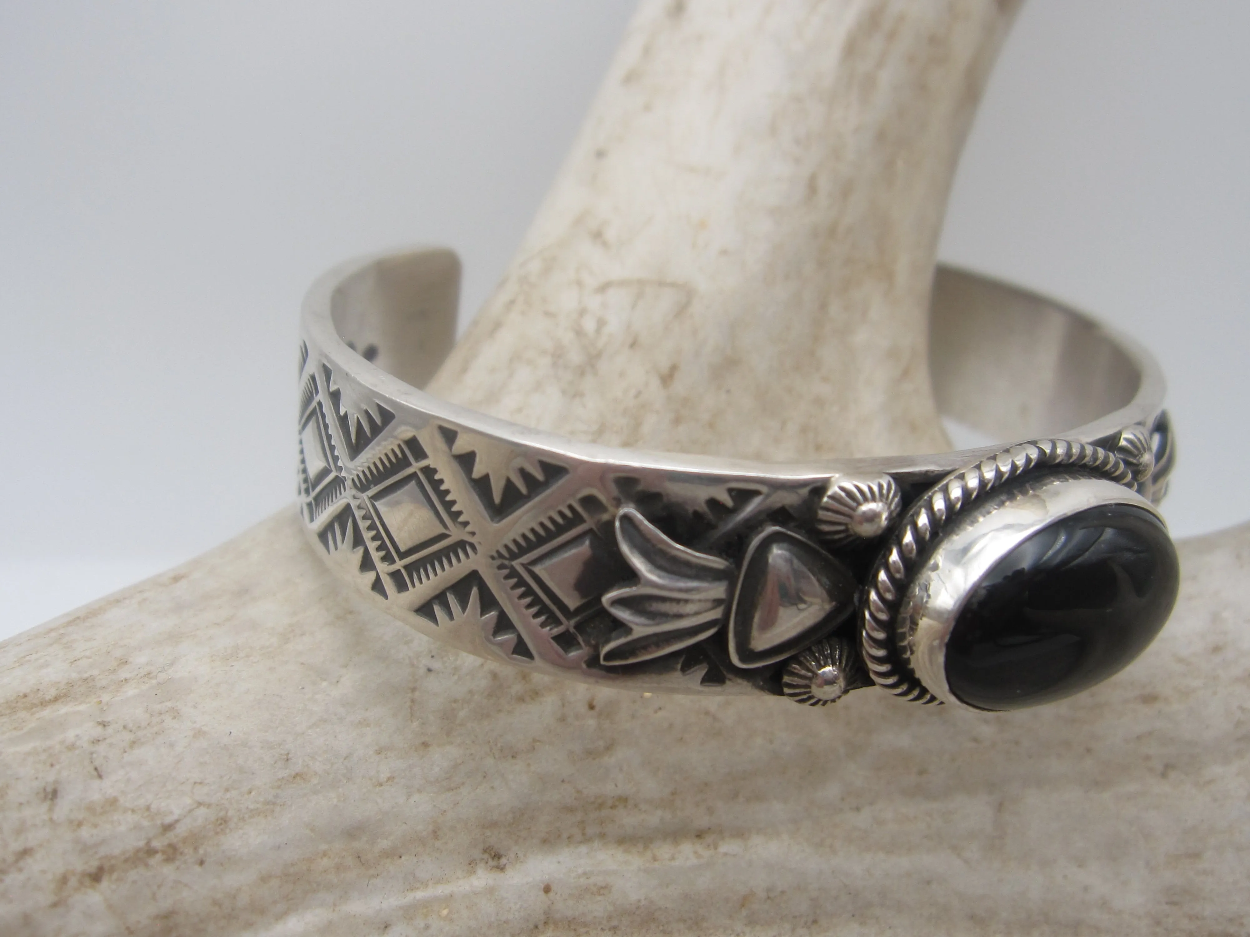 Native American Made Stamped Sterling Silver with Onyx Cuff Bracelet