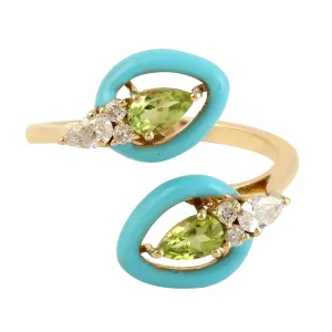 Natural Pear Cut Peridot & Diamond Enamel Cross Over Dainty Ring jewelry In 14k Yellow Gold