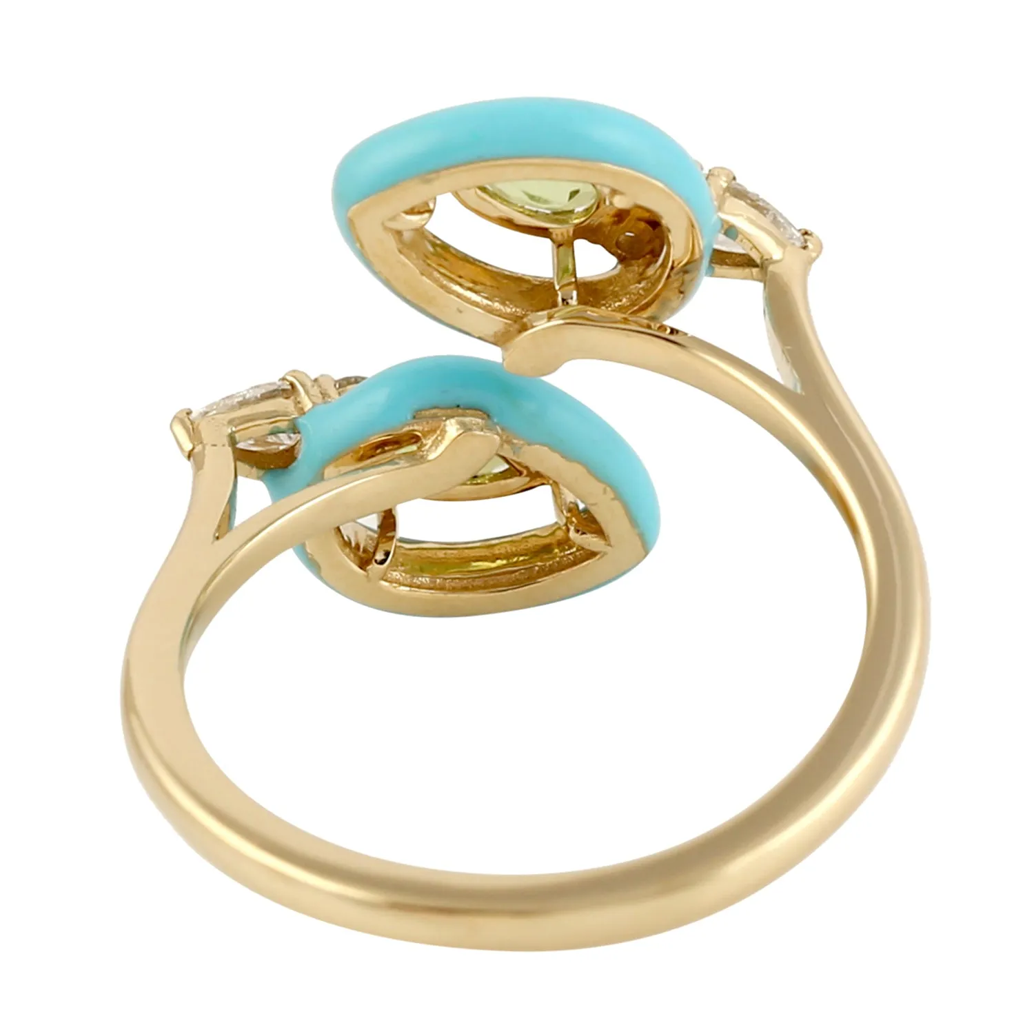 Natural Pear Cut Peridot & Diamond Enamel Cross Over Dainty Ring jewelry In 14k Yellow Gold