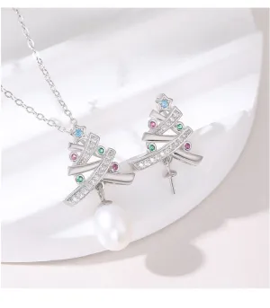 Necklace Pendant Blank Setting Christmas Tree Charm 25mm Sterling Silver White Gold Fine 925 For One Pearl DIY Jewelry Finding Wholesale 1pc