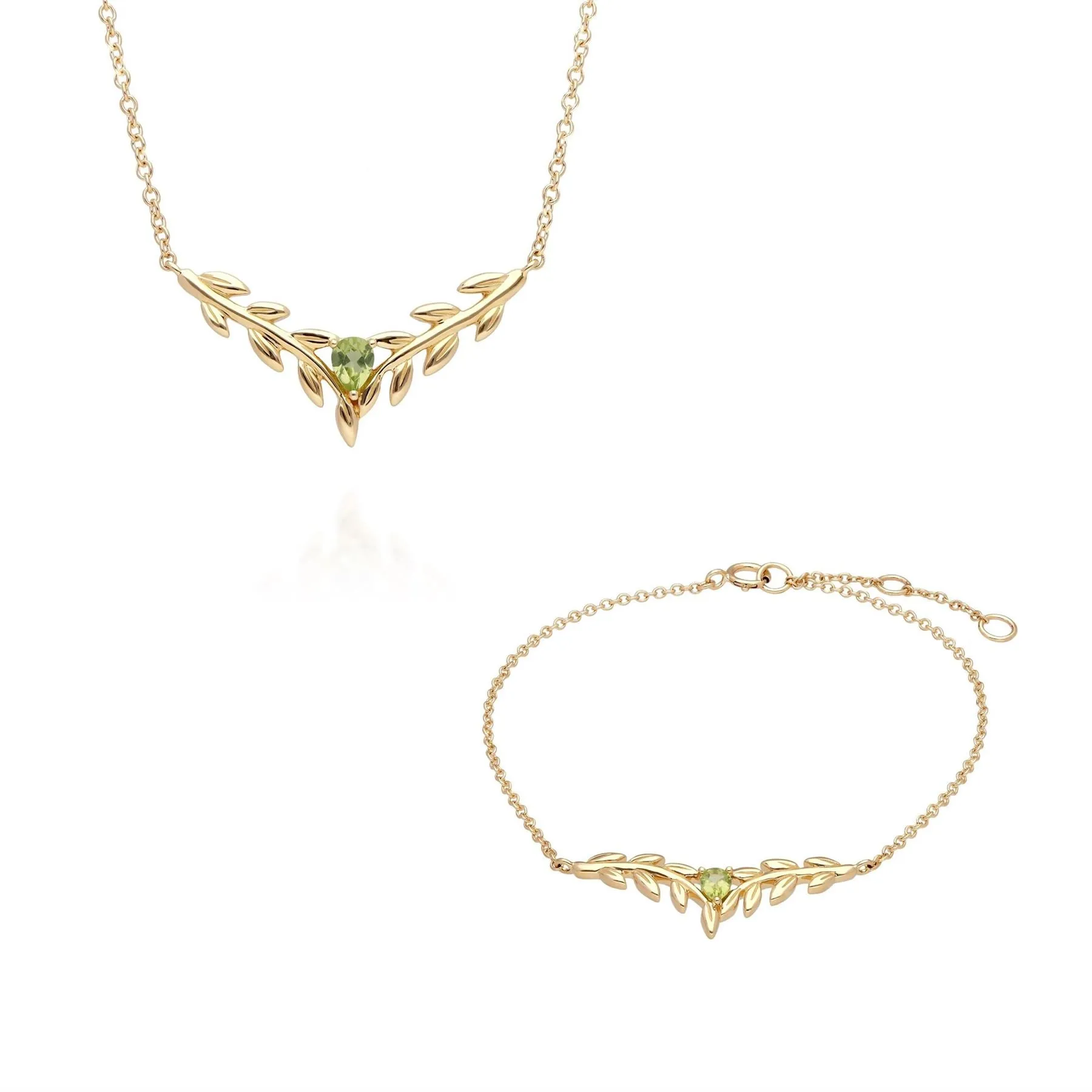O Leaf Peridot Halskette & Armband Satz in 9ct Gelb Gold
