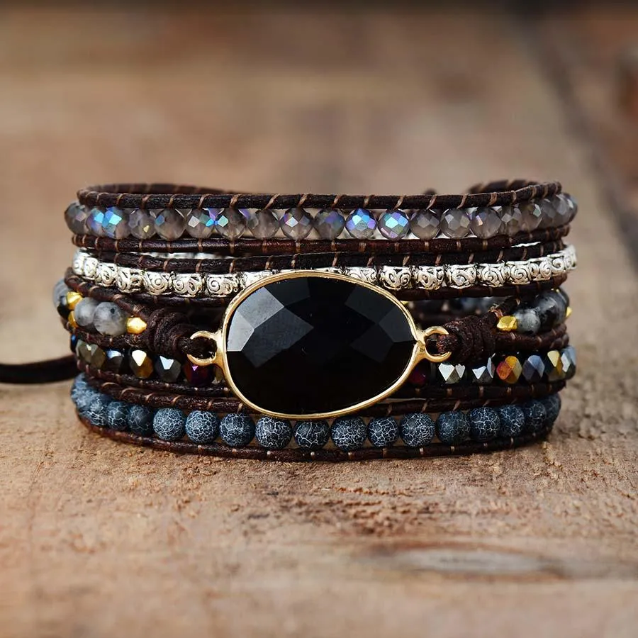 Onyx, Rhinestone & Tibetan Beads Wrap Bracelet
