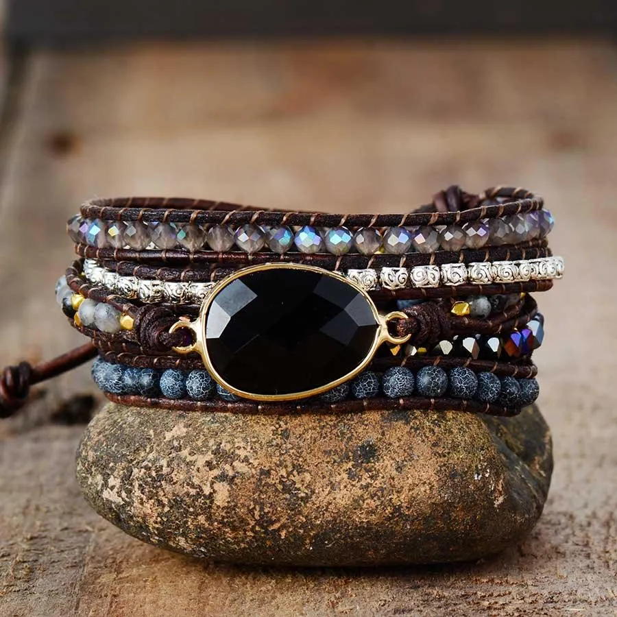 Onyx, Rhinestone & Tibetan Beads Wrap Bracelet