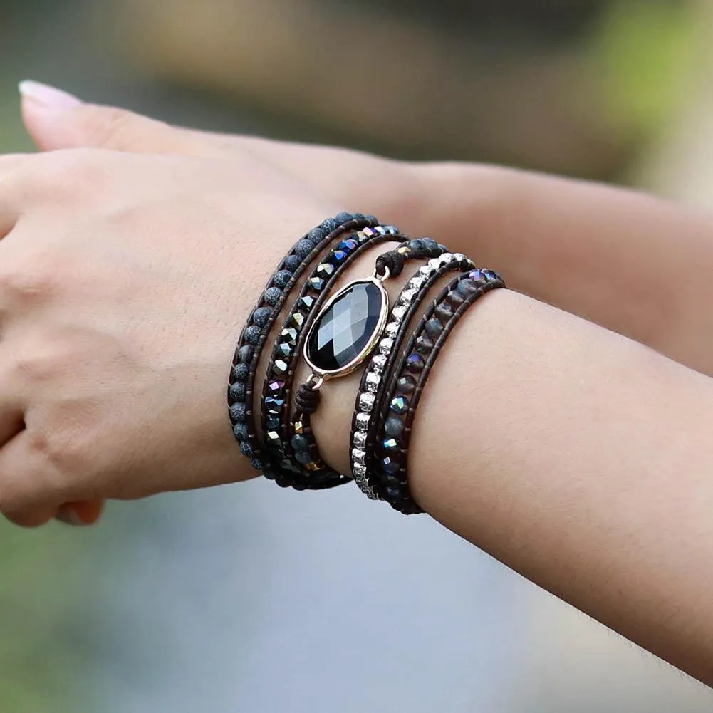 Onyx, Rhinestone & Tibetan Beads Wrap Bracelet