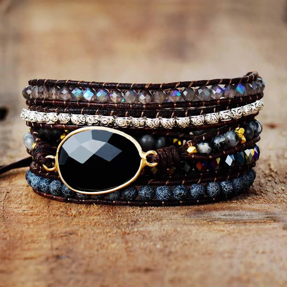 Onyx, Rhinestone & Tibetan Beads Wrap Bracelet