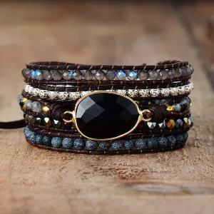 Onyx, Rhinestone & Tibetan Beads Wrap Bracelet