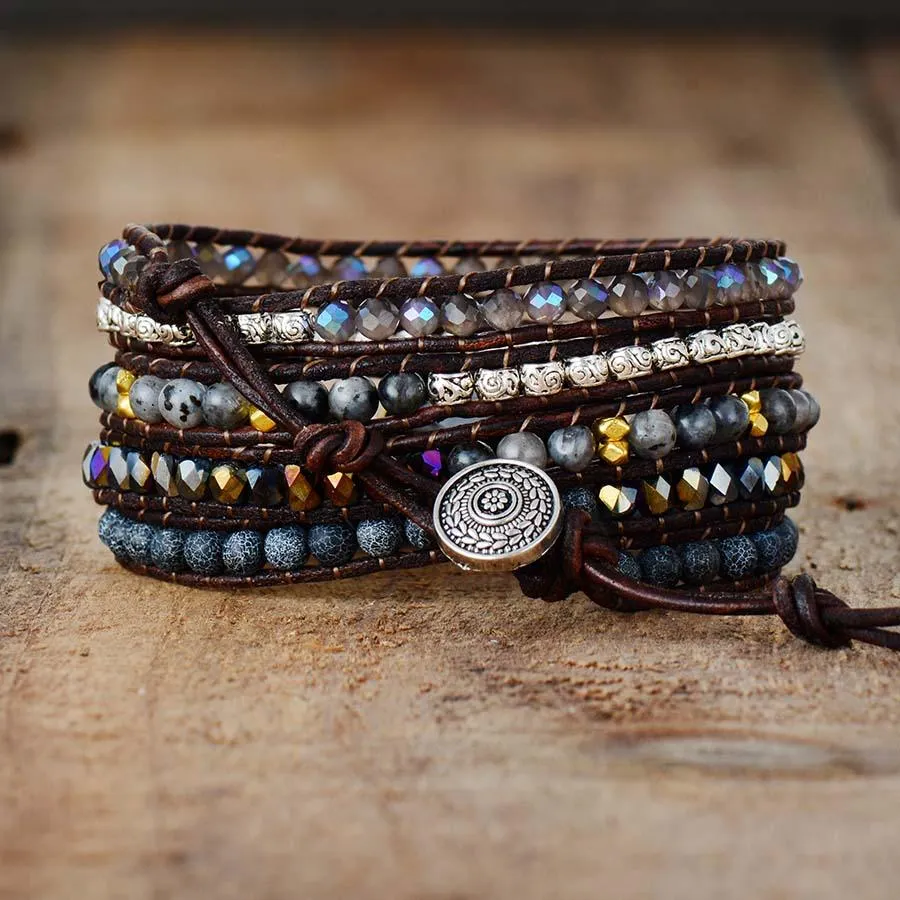 Onyx, Rhinestone & Tibetan Beads Wrap Bracelet