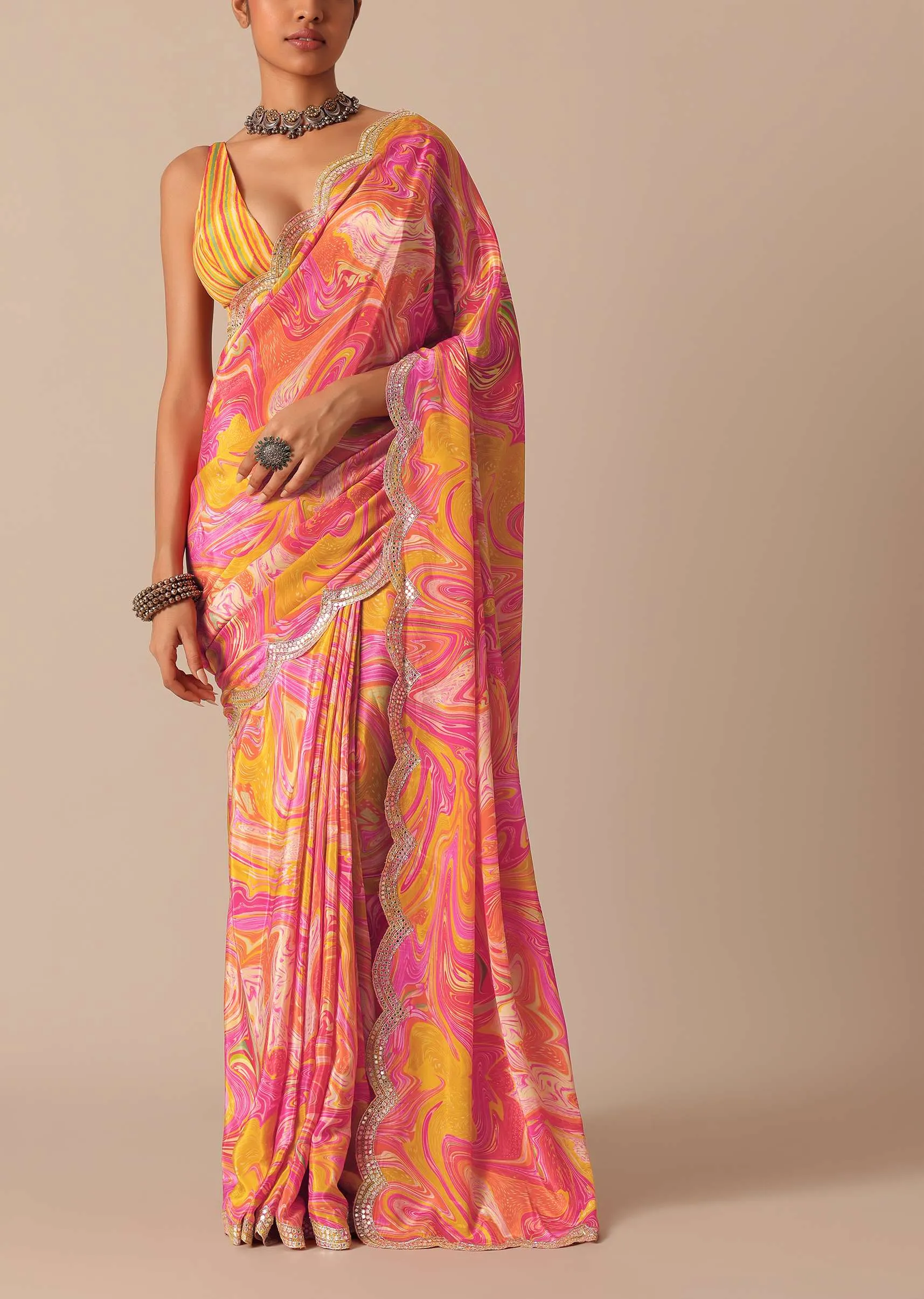 Orange Muslin Saree With Kaleidoscope Prints And Unstitched Blouse Piece