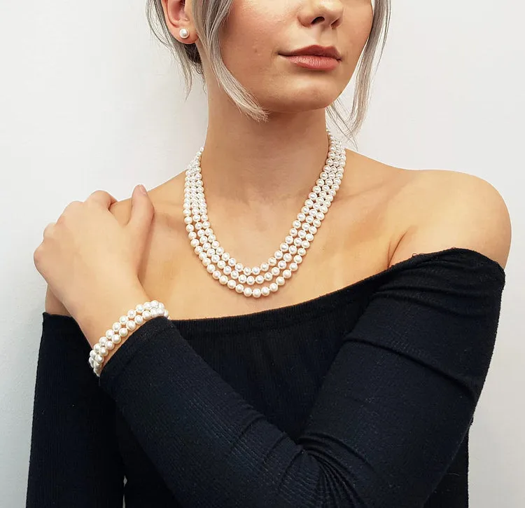 Original Three-layer 7mm AA Grade White Pearl Necklace