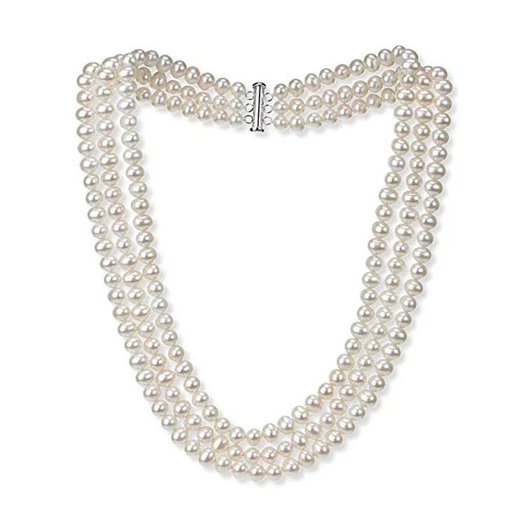Original Three-layer 7mm AA Grade White Pearl Necklace