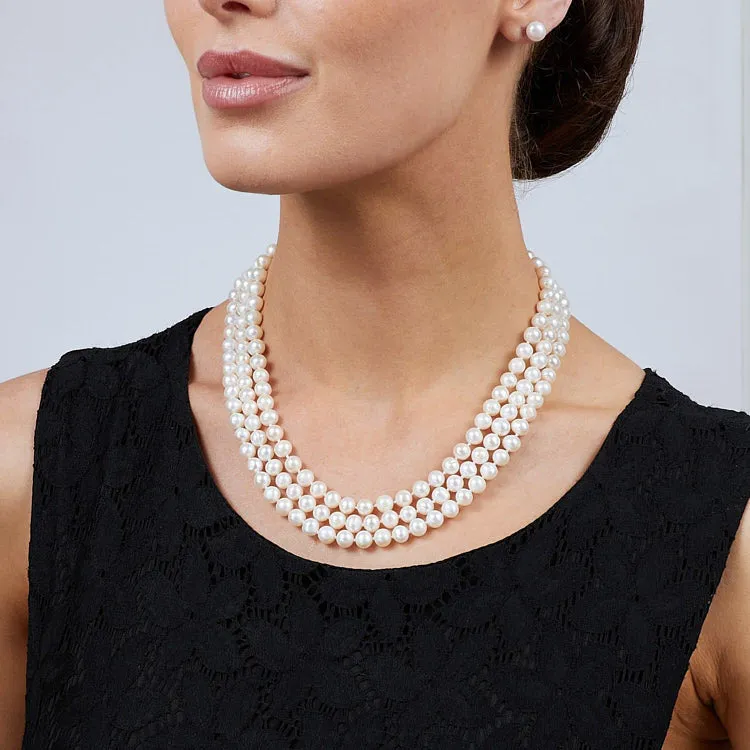 Original Three-layer 7mm AA Grade White Pearl Necklace