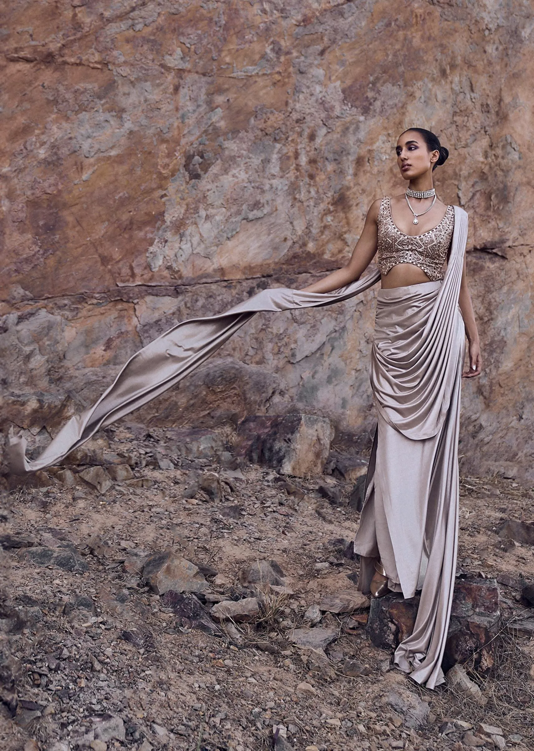 Oyster Beige Pre-Stitched Saree With Stylized Blouse