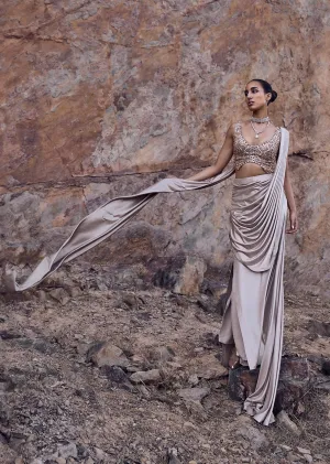Oyster Beige Pre-Stitched Saree With Stylized Blouse