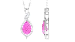 Pear Cut Created Pink Sapphire and Diamond Teardrop Pendant