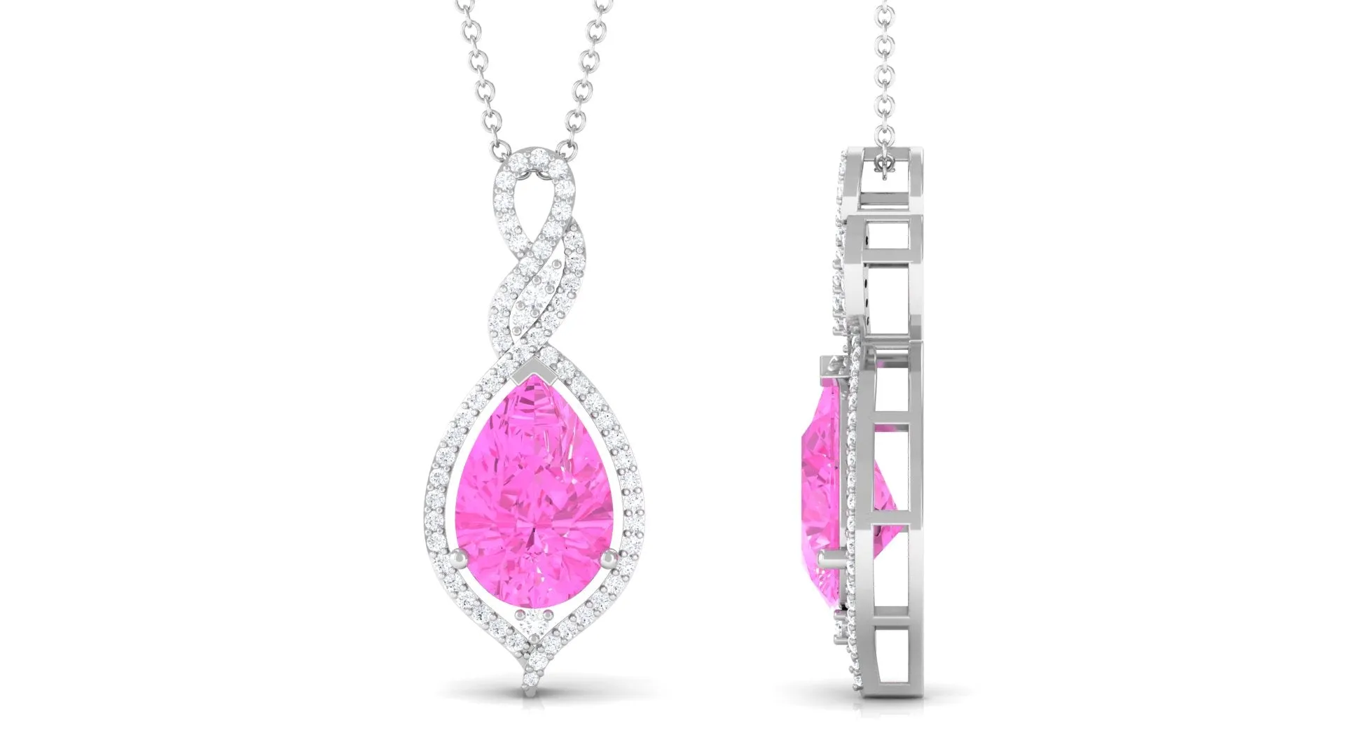 Pear Cut Created Pink Sapphire and Diamond Teardrop Pendant