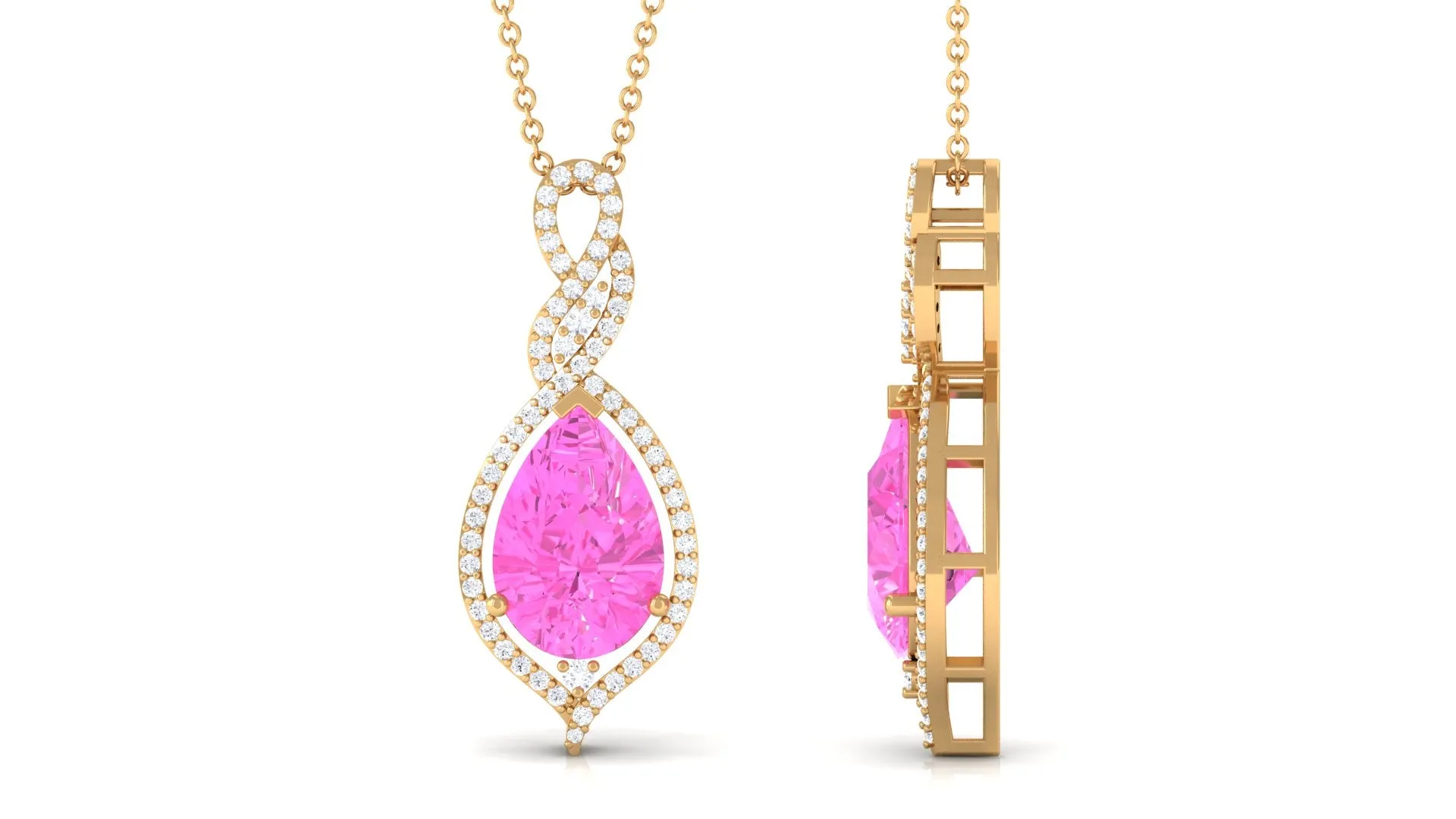 Pear Cut Created Pink Sapphire and Diamond Teardrop Pendant