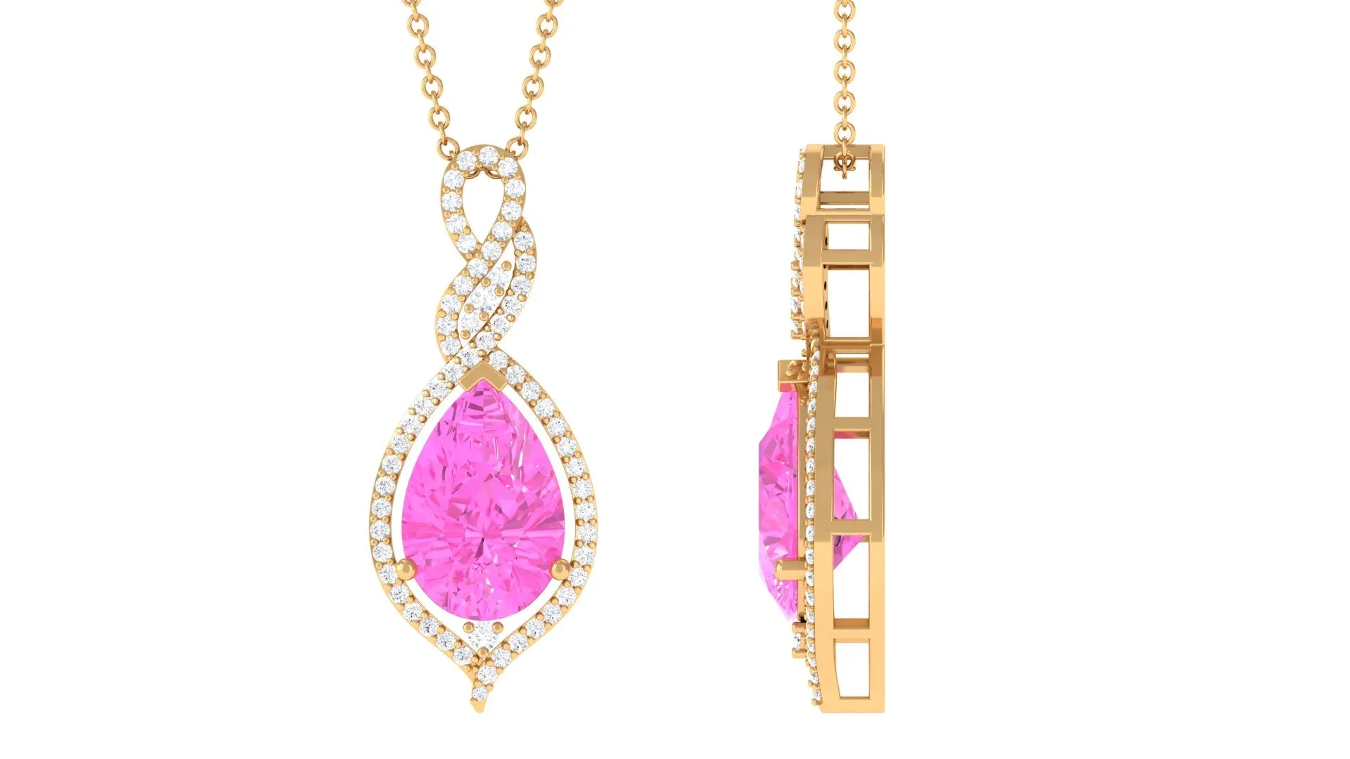 Pear Cut Created Pink Sapphire and Diamond Teardrop Pendant