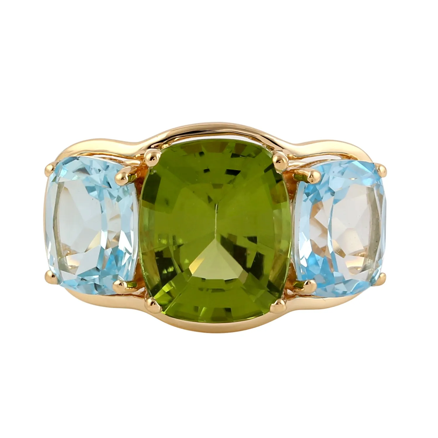 Prong Set Peridot & Blue Topaz Three Stone Beautiful Ring In 18k Yellow Gold