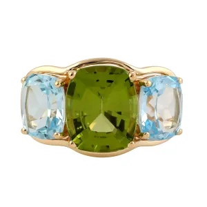 Prong Set Peridot & Blue Topaz Three Stone Beautiful Ring In 18k Yellow Gold