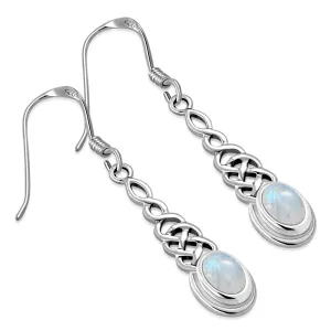 Rainbow Moonstone Long Celtic Silver Earrings