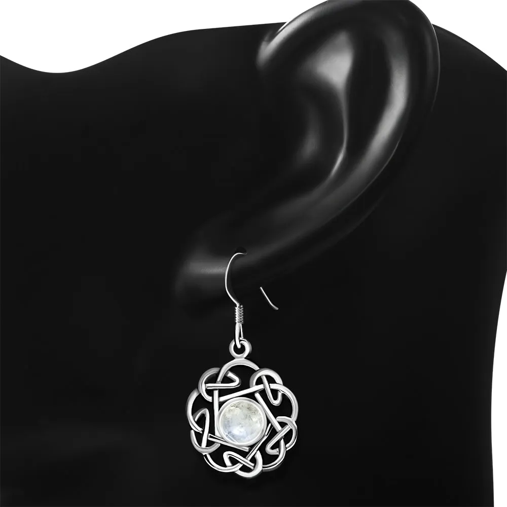 Rainbow Moonstone Round Celtic Knot Silver Earrings