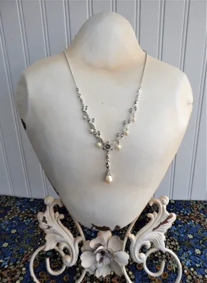 Rhinestone Necklace Bracelet Earrings Set Y Necklace Pearl Drops Leaves Romantic