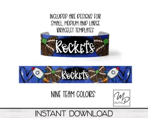 Rocket Football Team Spirit Acrylic Cuff Bracelet PNG Design for Sublimation, 9 Team Colors, Digital Download