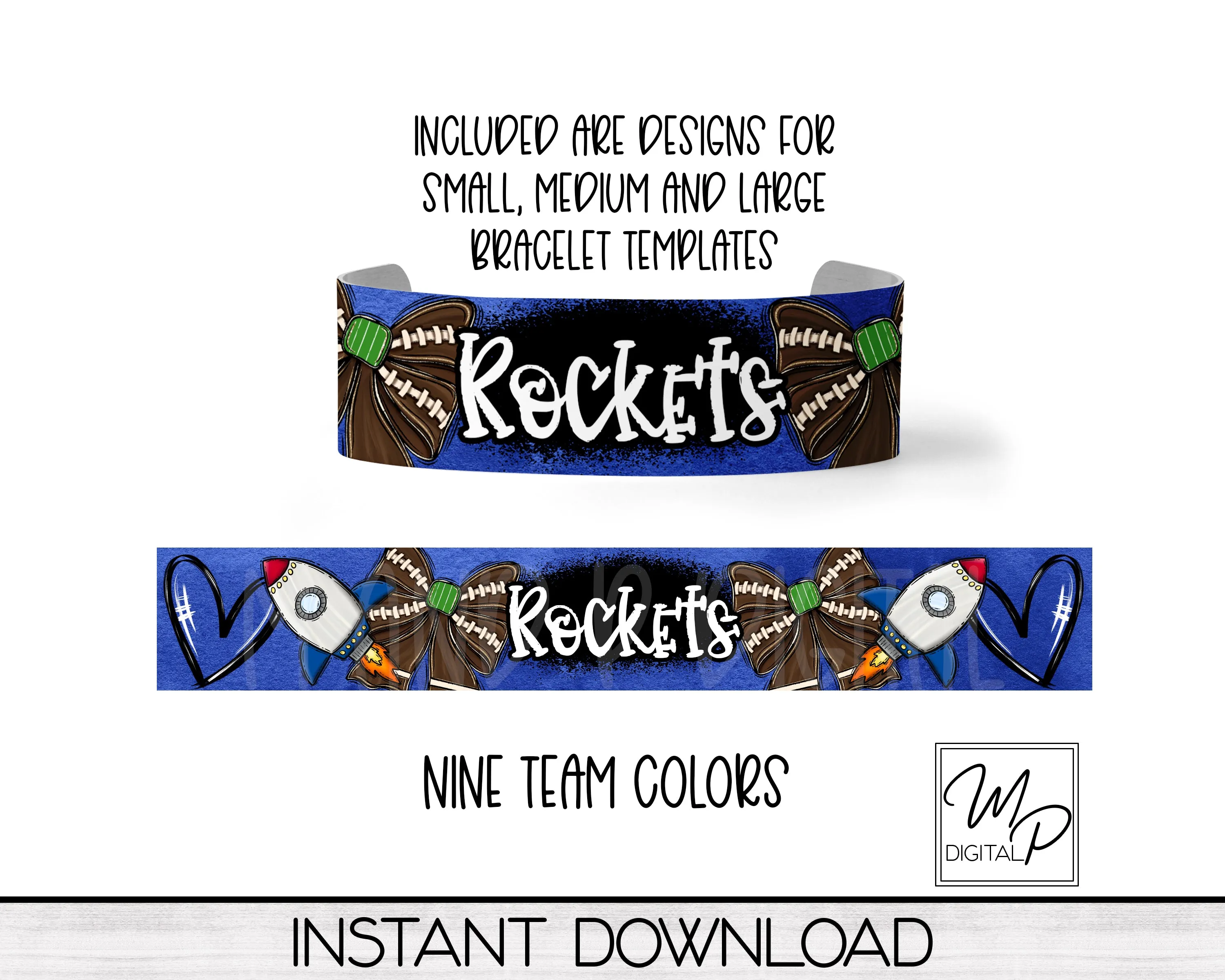 Rocket Football Team Spirit Acrylic Cuff Bracelet PNG Design for Sublimation, 9 Team Colors, Digital Download
