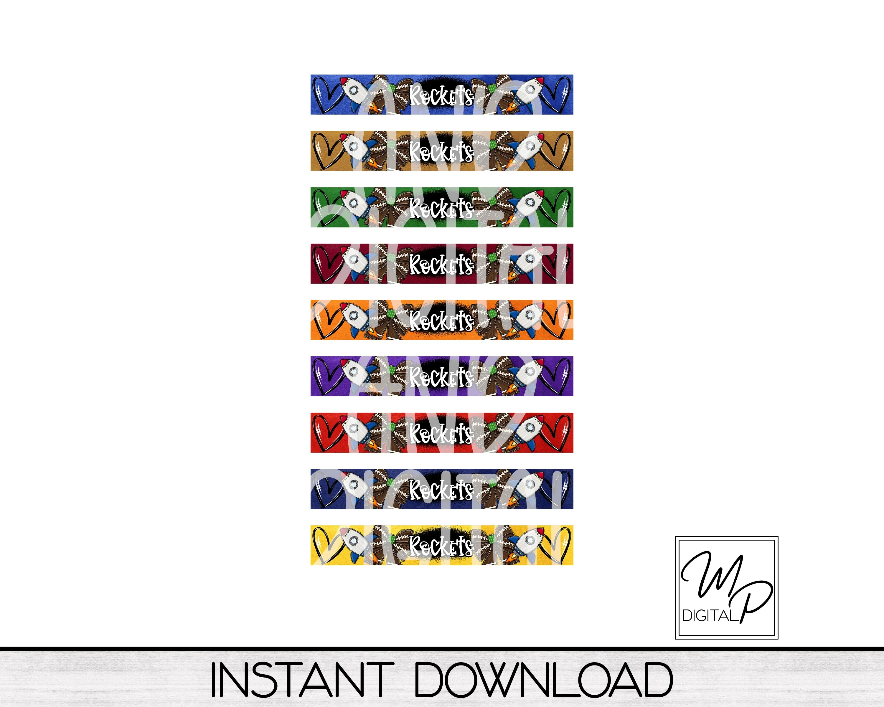 Rocket Football Team Spirit Acrylic Cuff Bracelet PNG Design for Sublimation, 9 Team Colors, Digital Download