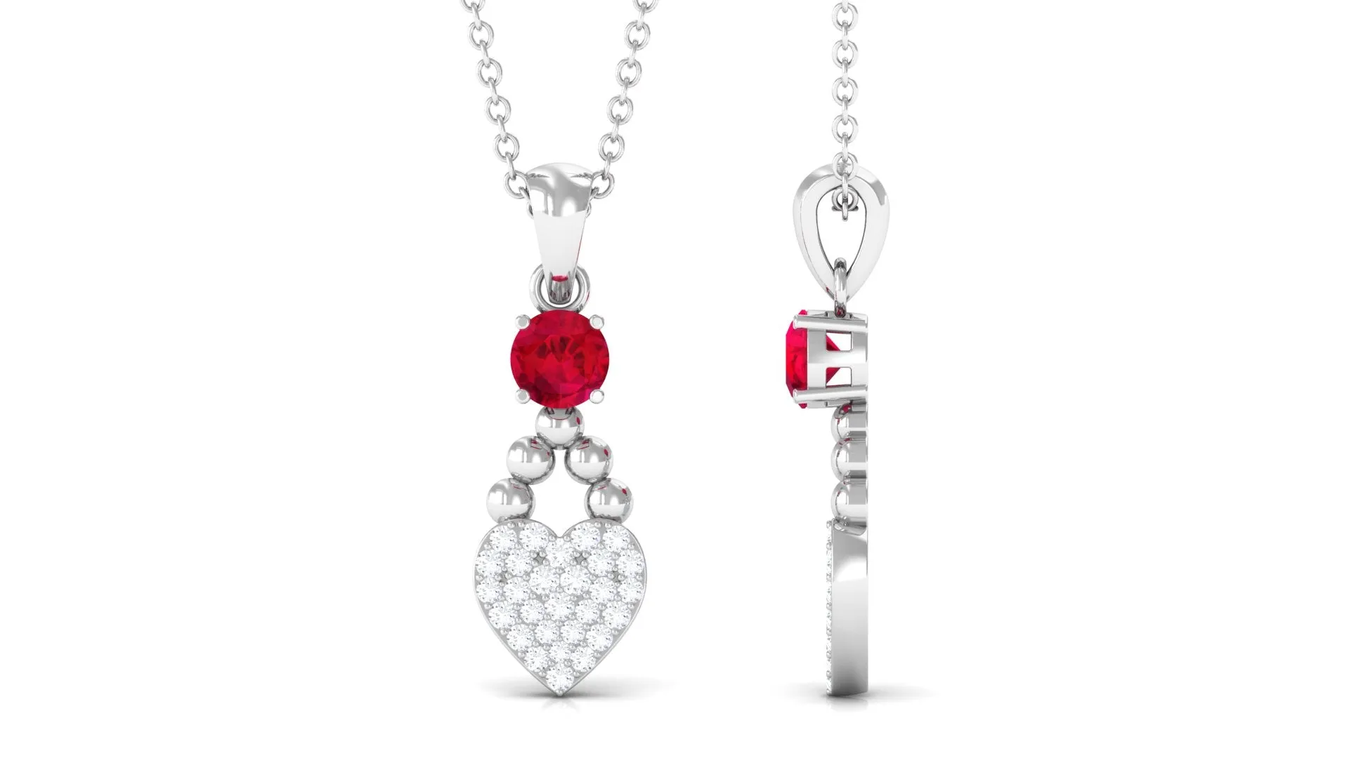 Round Cut Created Ruby and Diamond Heart Pendant