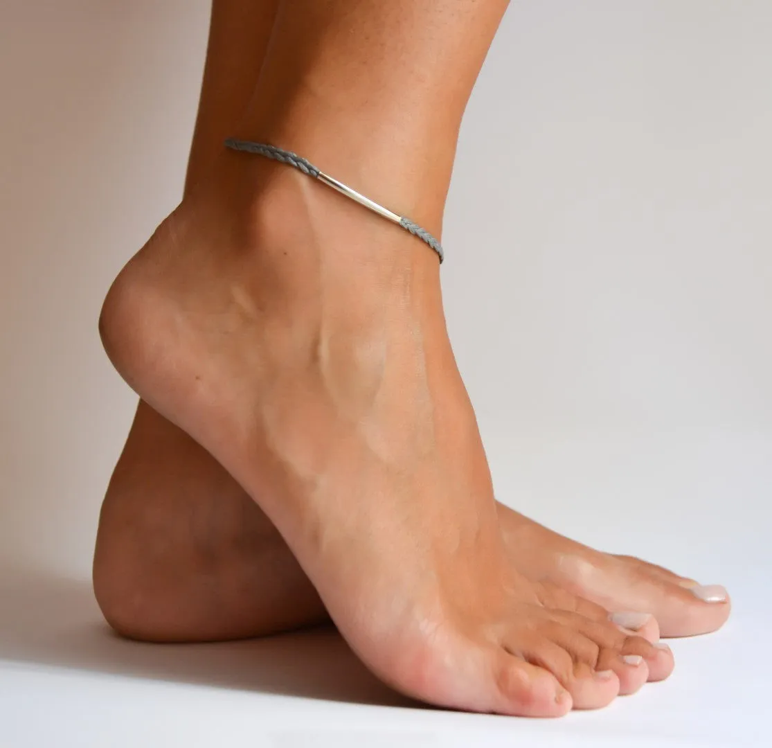Silver bar anklet with braided gray cord ankle bracelet, gift for her