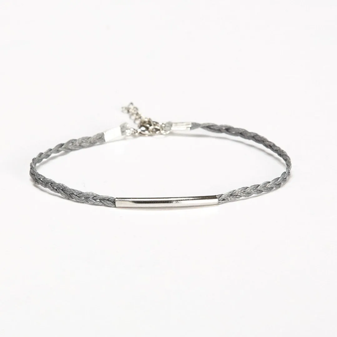 Silver bar anklet with braided gray cord ankle bracelet, gift for her