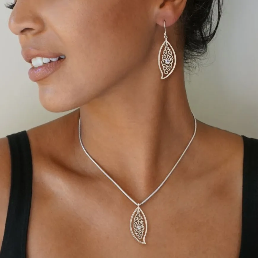 SILVER, RAINBOW MOONSTONE LEAF EARRINGS - DANCING LEAVES