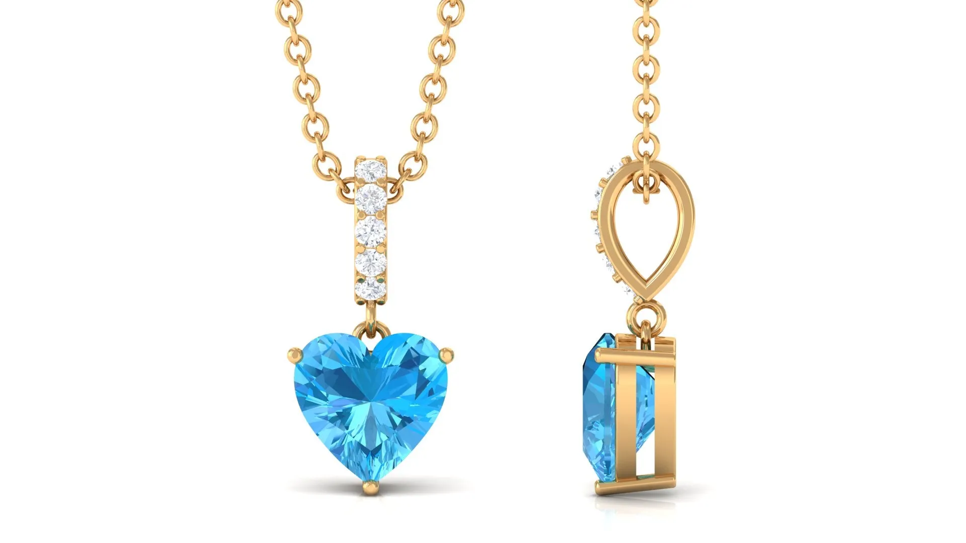 Simple Heart Shape Swiss Blue Topaz Solitaire Pendant with Diamond Accent Bail