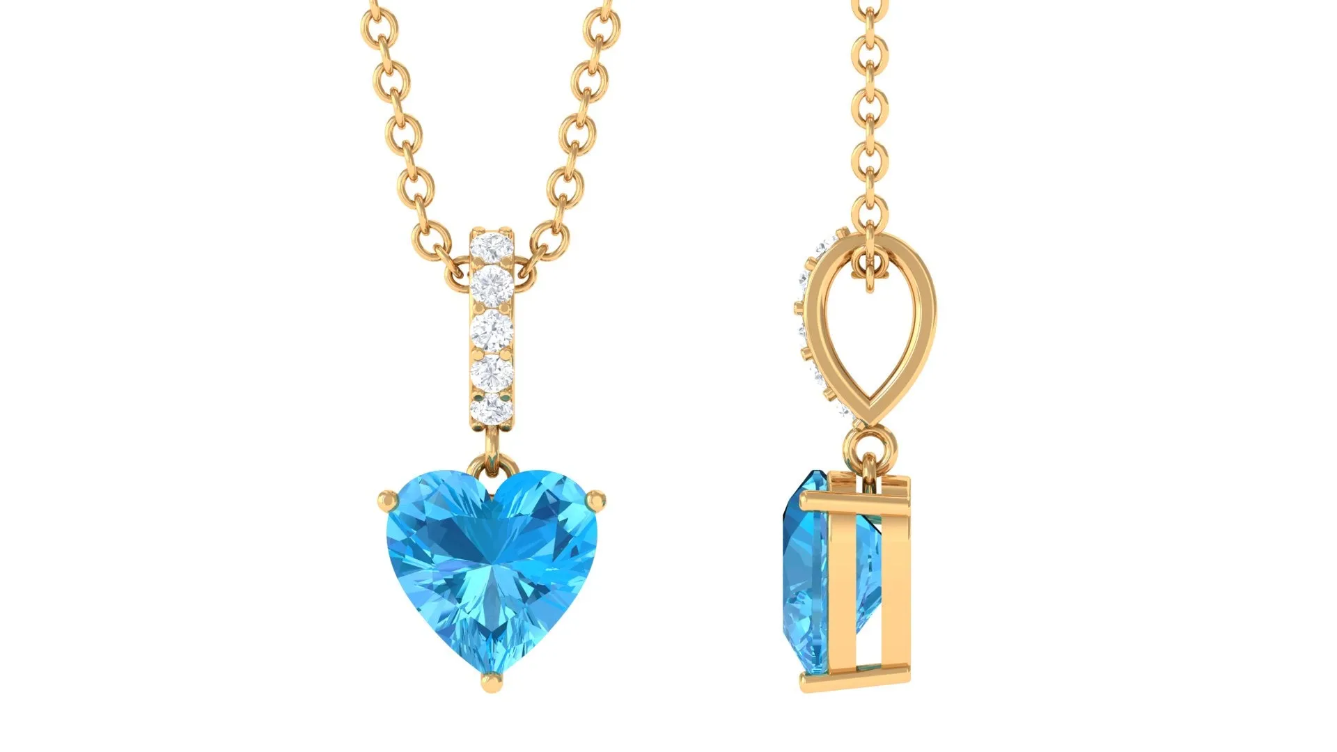 Simple Heart Shape Swiss Blue Topaz Solitaire Pendant with Diamond Accent Bail