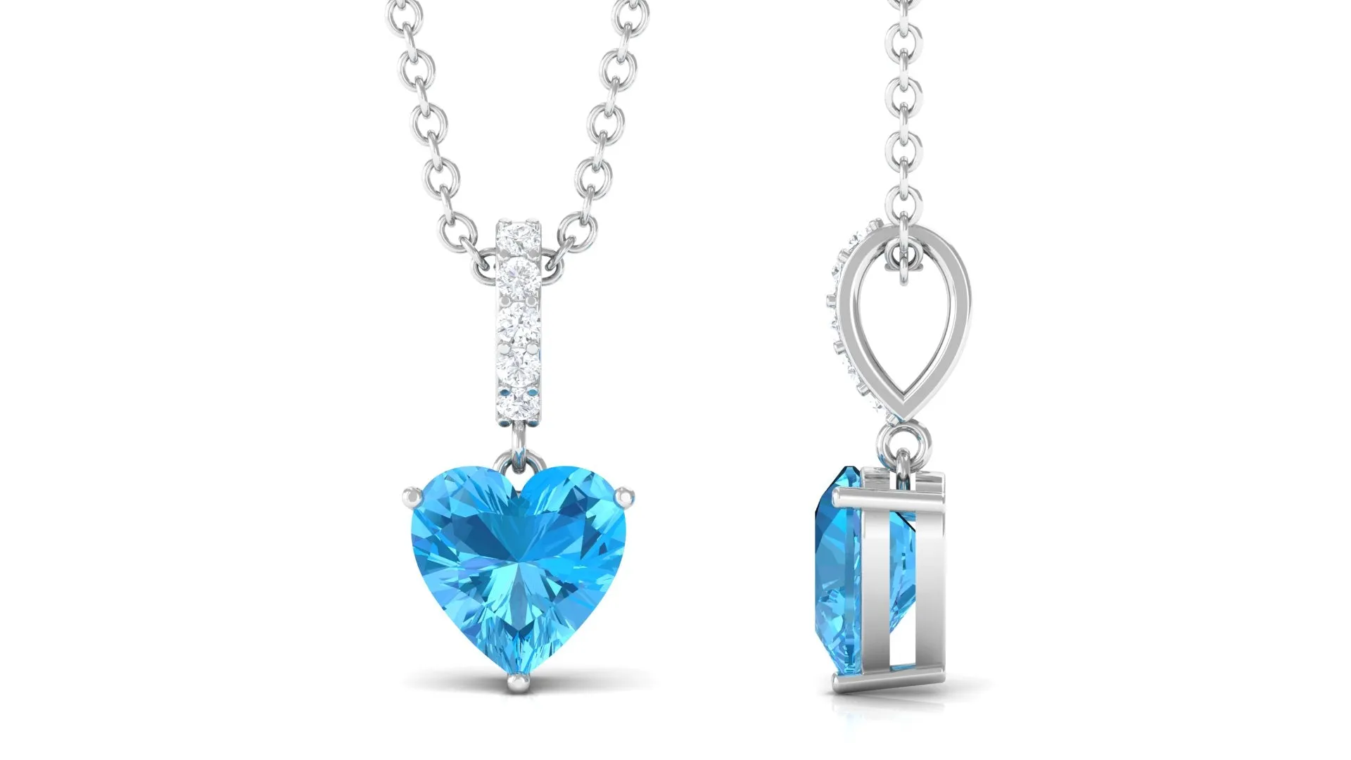 Simple Heart Shape Swiss Blue Topaz Solitaire Pendant with Diamond Accent Bail