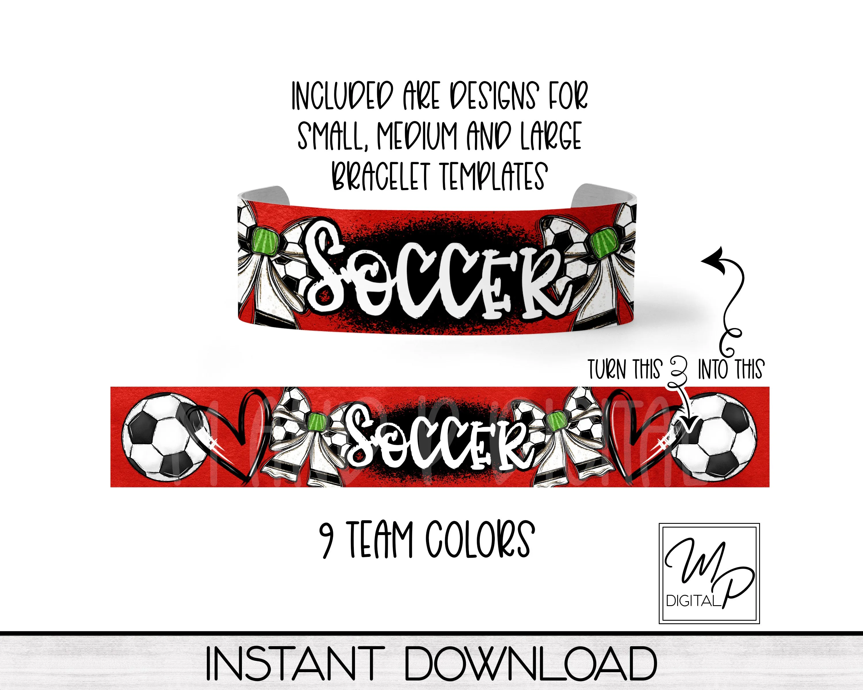 Soccer Team Spirit Acrylic Cuff Bracelet PNG Design for Sublimation, 9 Team Colors, Digital Download