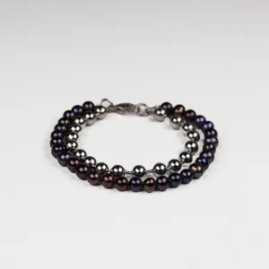 Stainless Steel and Peacock Freshwater Pearl Double Ball Bracelet