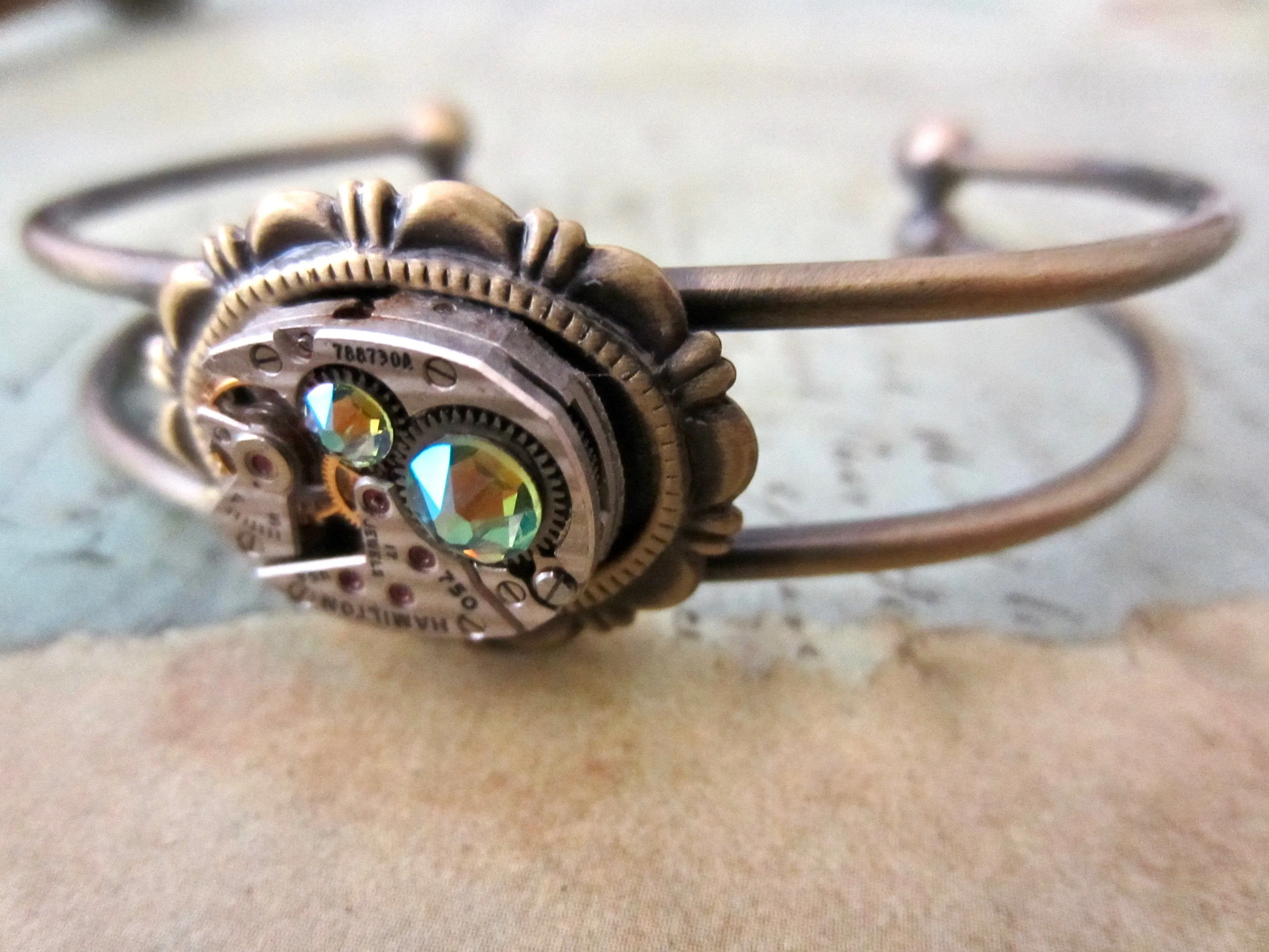 Steampunk Bracelet - In the Works - Steampunk watch parts cuff - Peridot bracelet - Repurposed - Steampunk jewelry - August Birthday