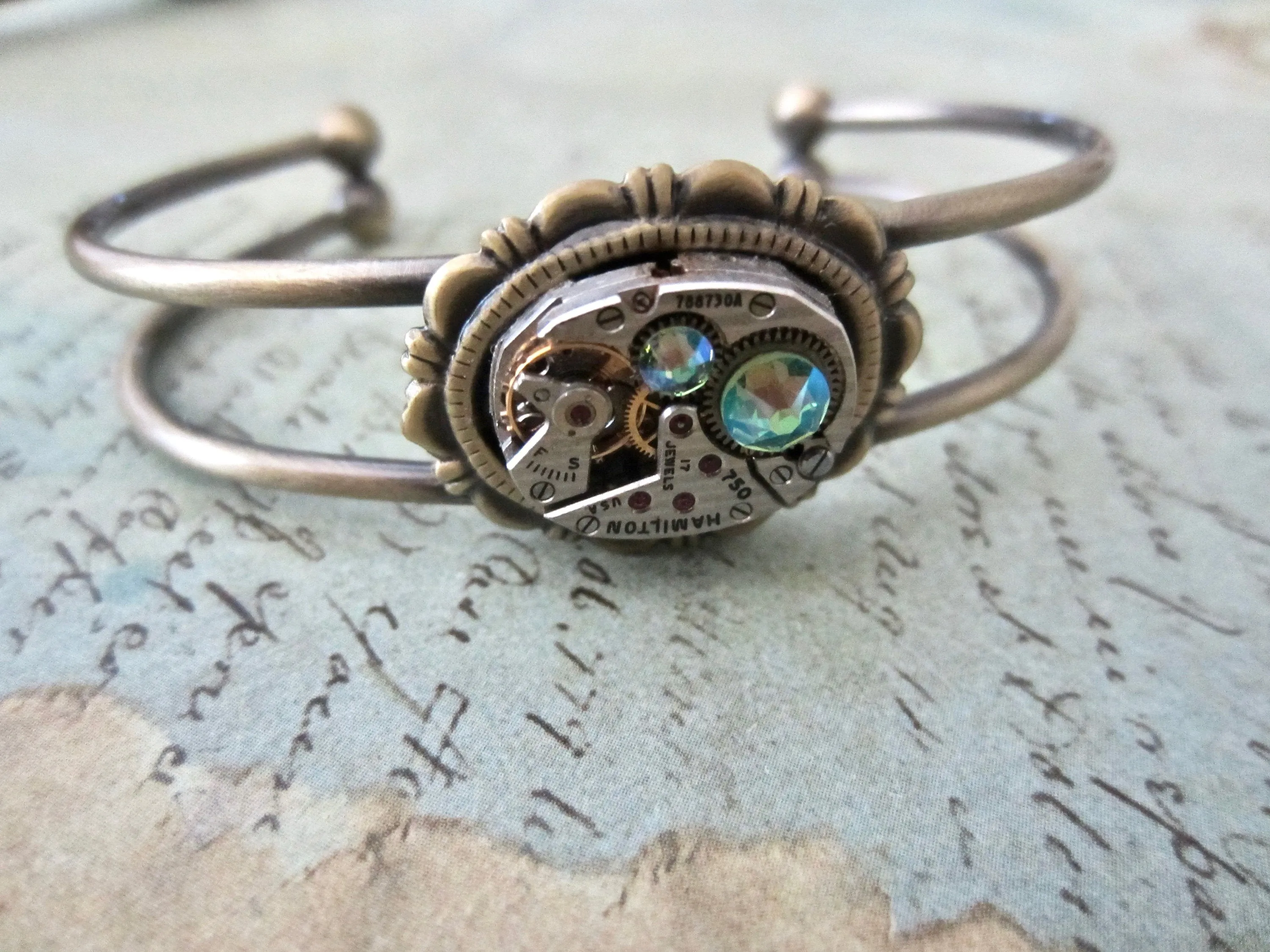 Steampunk Bracelet - In the Works - Steampunk watch parts cuff - Peridot bracelet - Repurposed - Steampunk jewelry - August Birthday