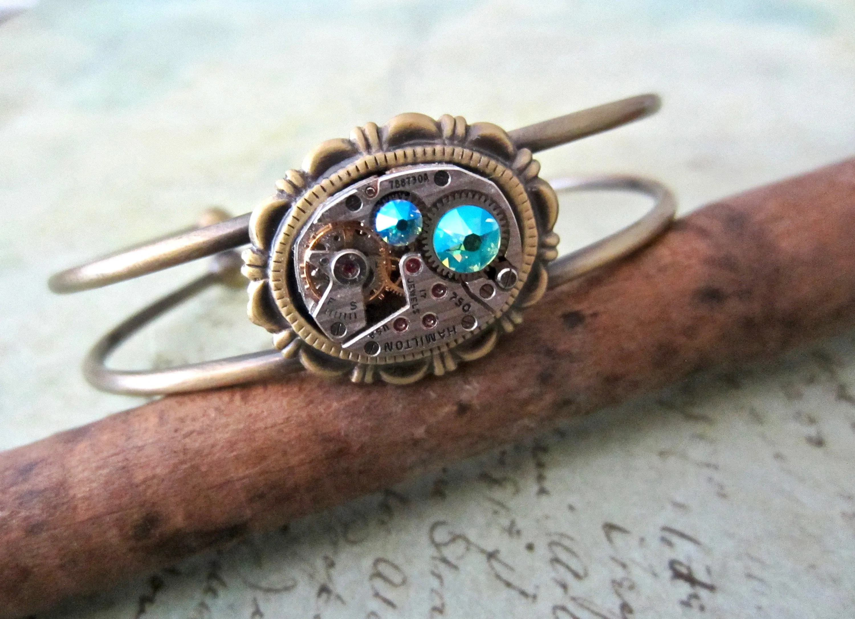 Steampunk Bracelet - In the Works - Steampunk watch parts cuff - Peridot bracelet - Repurposed - Steampunk jewelry - August Birthday