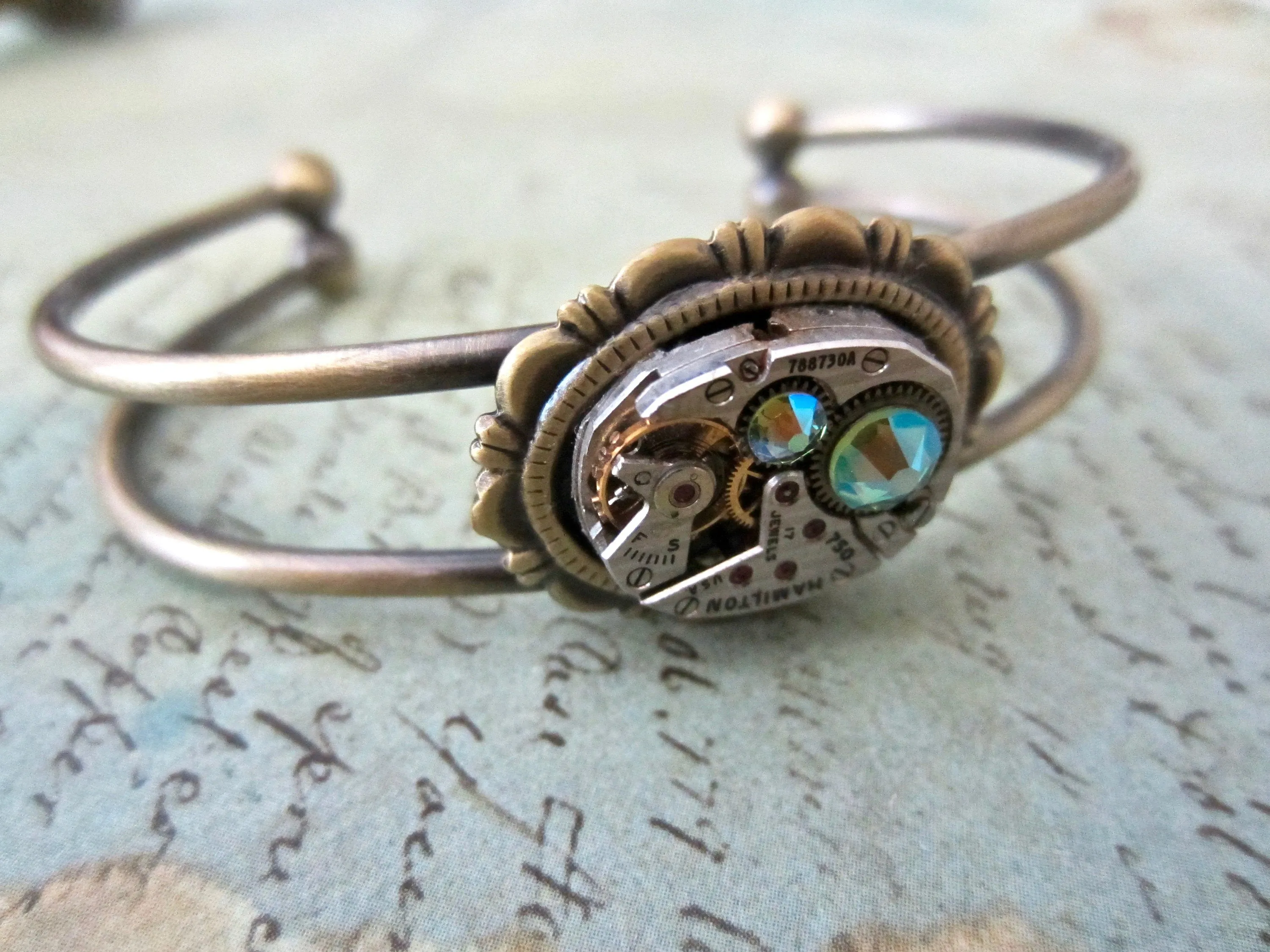 Steampunk Bracelet - In the Works - Steampunk watch parts cuff - Peridot bracelet - Repurposed - Steampunk jewelry - August Birthday