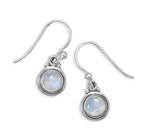 Sterling Silver Round Rainbow Moonstone Dangle Earrings