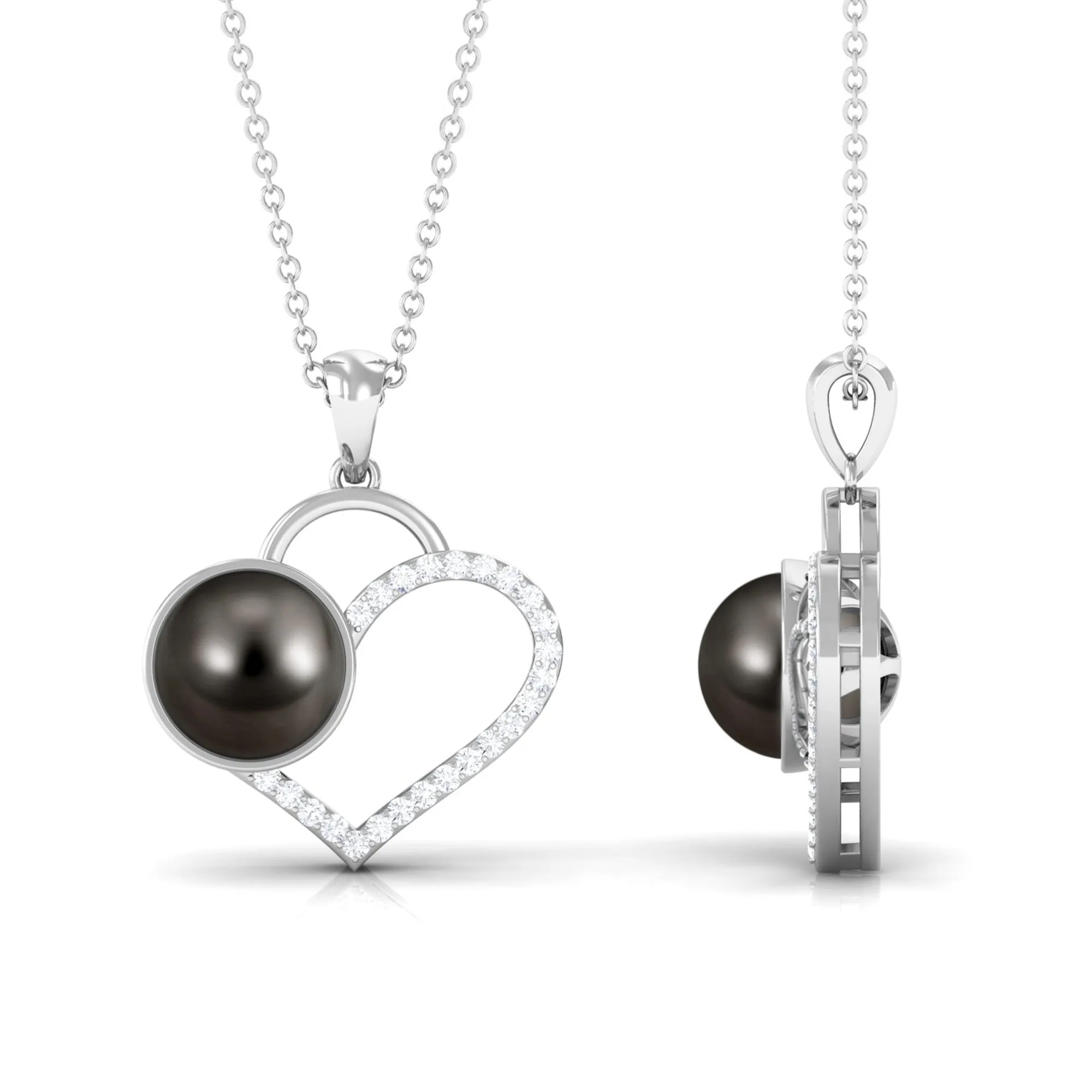 Tahitian Pearl and Diamond Open Heart Pendant Necklace