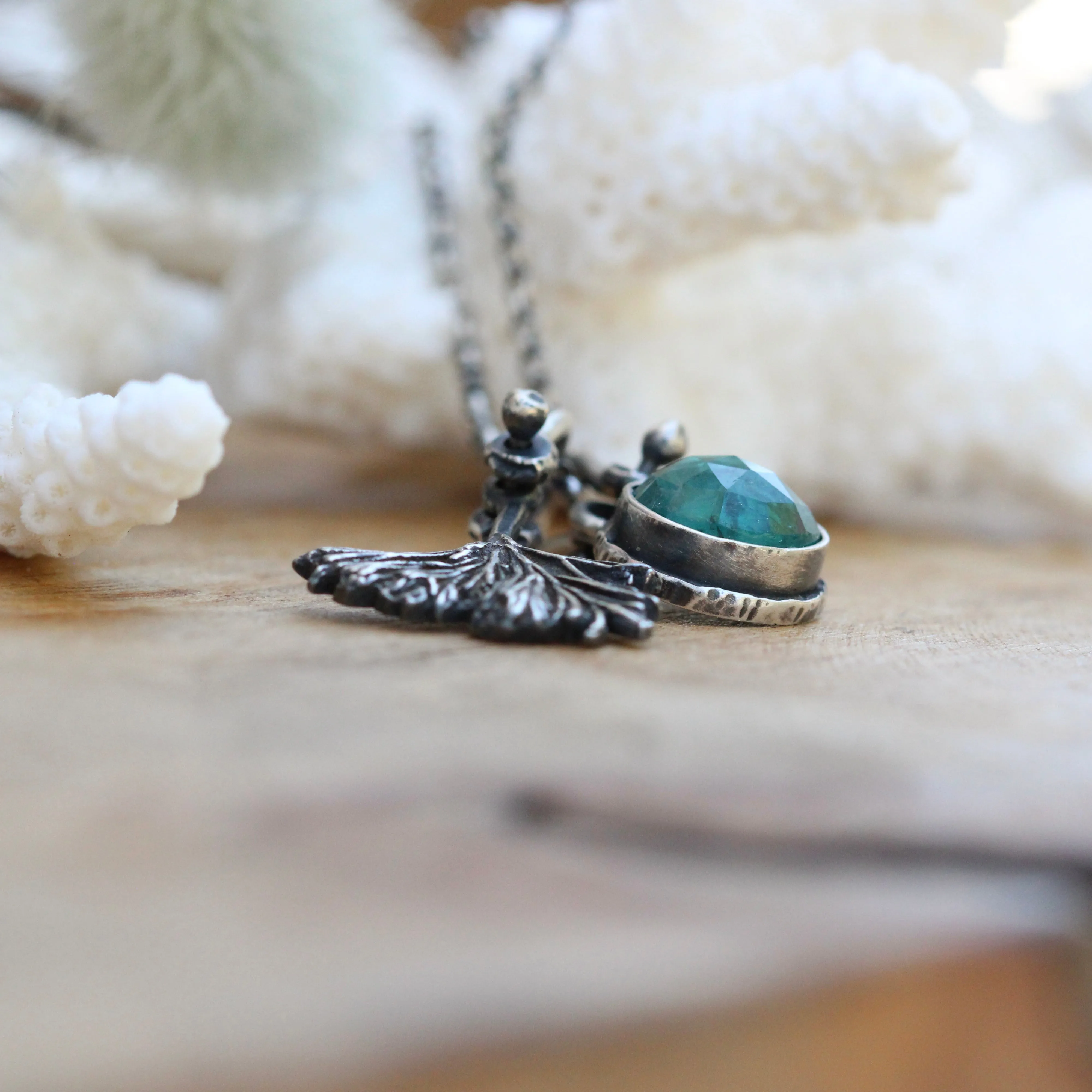 Teal Kyanite and coral necklace Beach comber collection